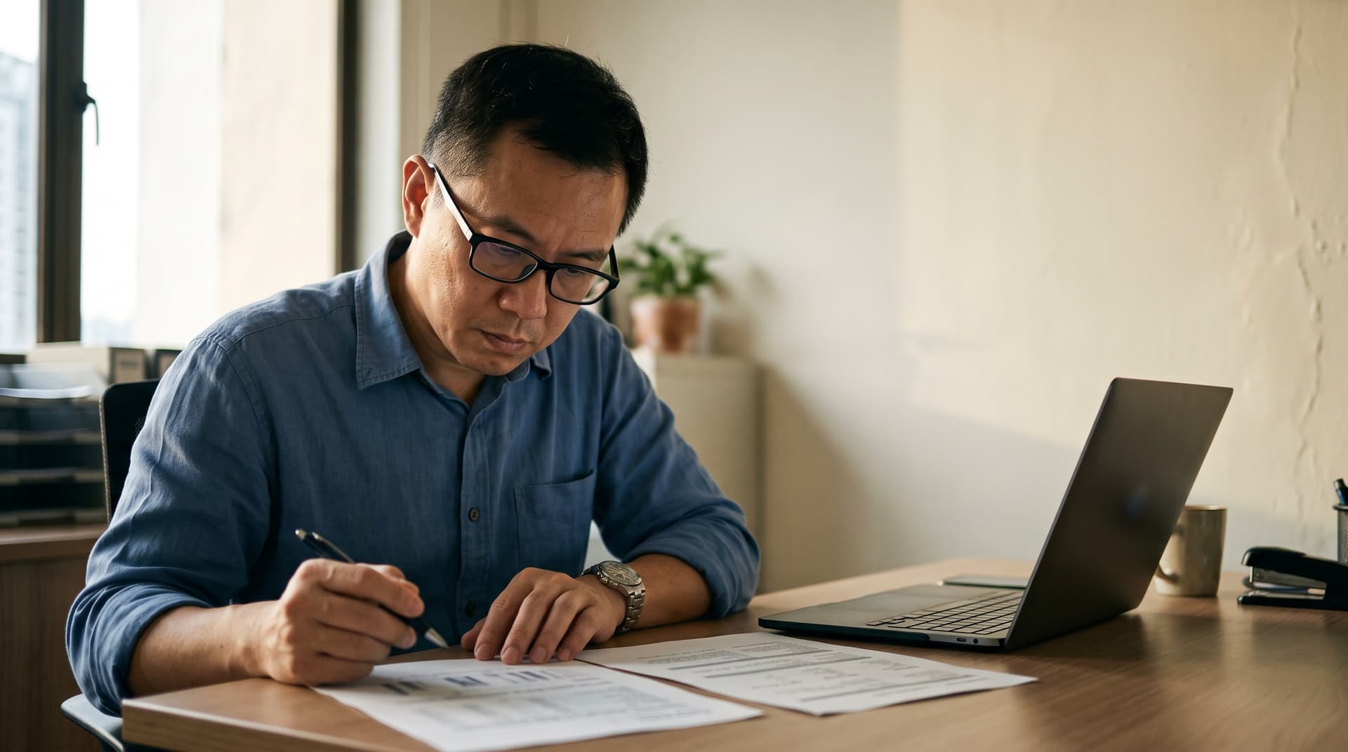 A Singapore SME owner comparing two benchmark scores for the same AI model on a laptop screen.